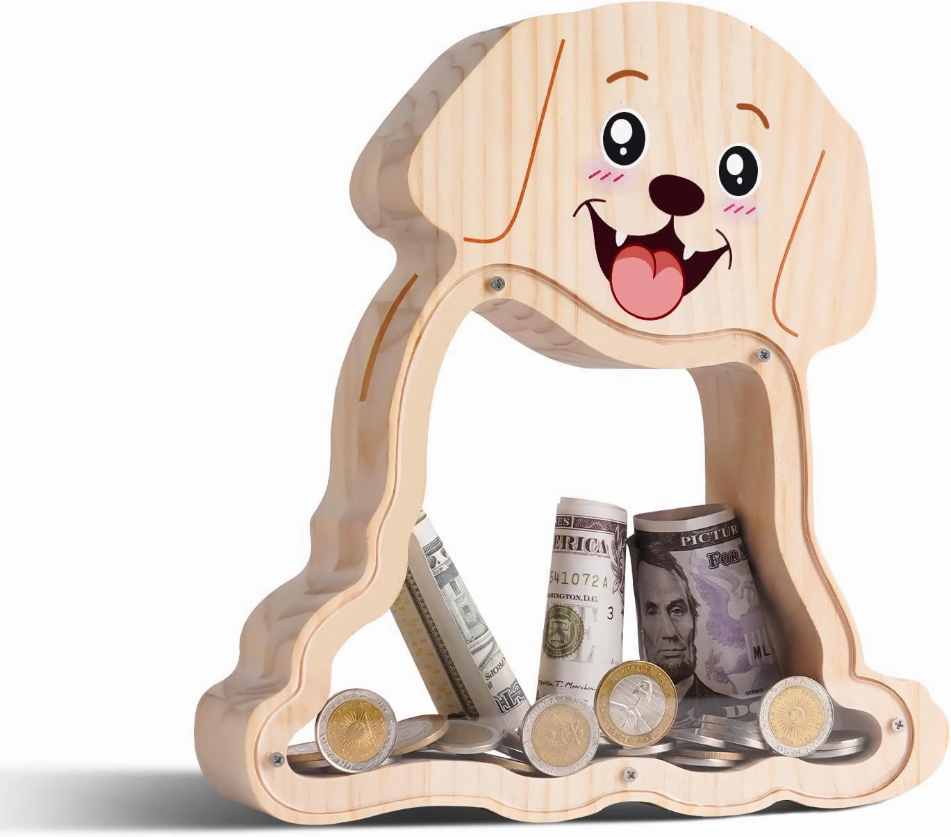 Wooden Dog Piggy Bank for Kids with Letter Sticker, Cute Labrador Wood Money Box, Unbreakable Coin Bank for Boys, Girls, Money Jar Personalizable Birthday Gift, Educational Toy for Kids, Small