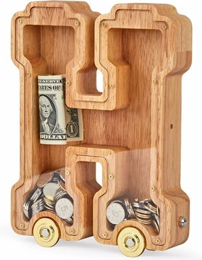 Wooden Letter Piggy Bank, Inter-connectable Piggy Bank for Kids Boys Girls, Alphabet H Money Bank Toy with Wheels, for Kids (Initial-H)