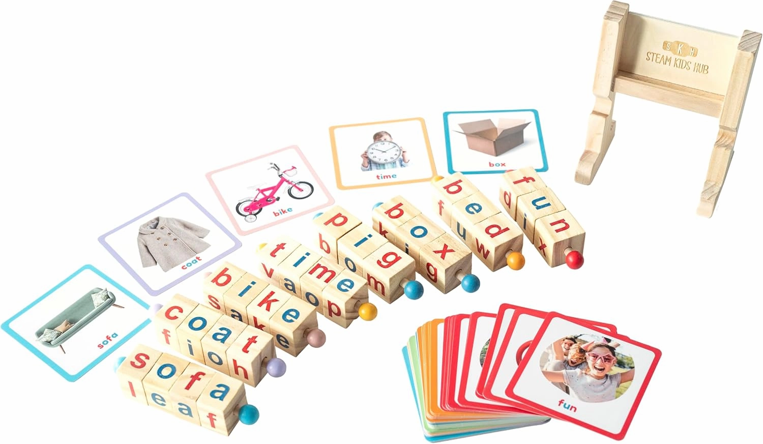 Wooden Reading Blocks Short Vowel Rods Spelling Games, Turning Rotating Letter Puzzle for Kids Flash Cards, Montessori Spinning Alphabet Site Words Learning Toy for Preschool Boys Girls