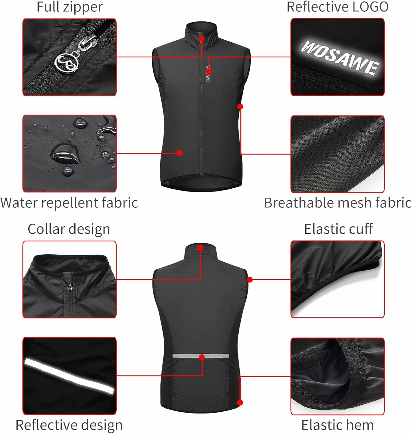 WOSAWE Cycling Vest Lightweight Windbreaker Reflective Gilet for Hiking Runing Fishing Commuting