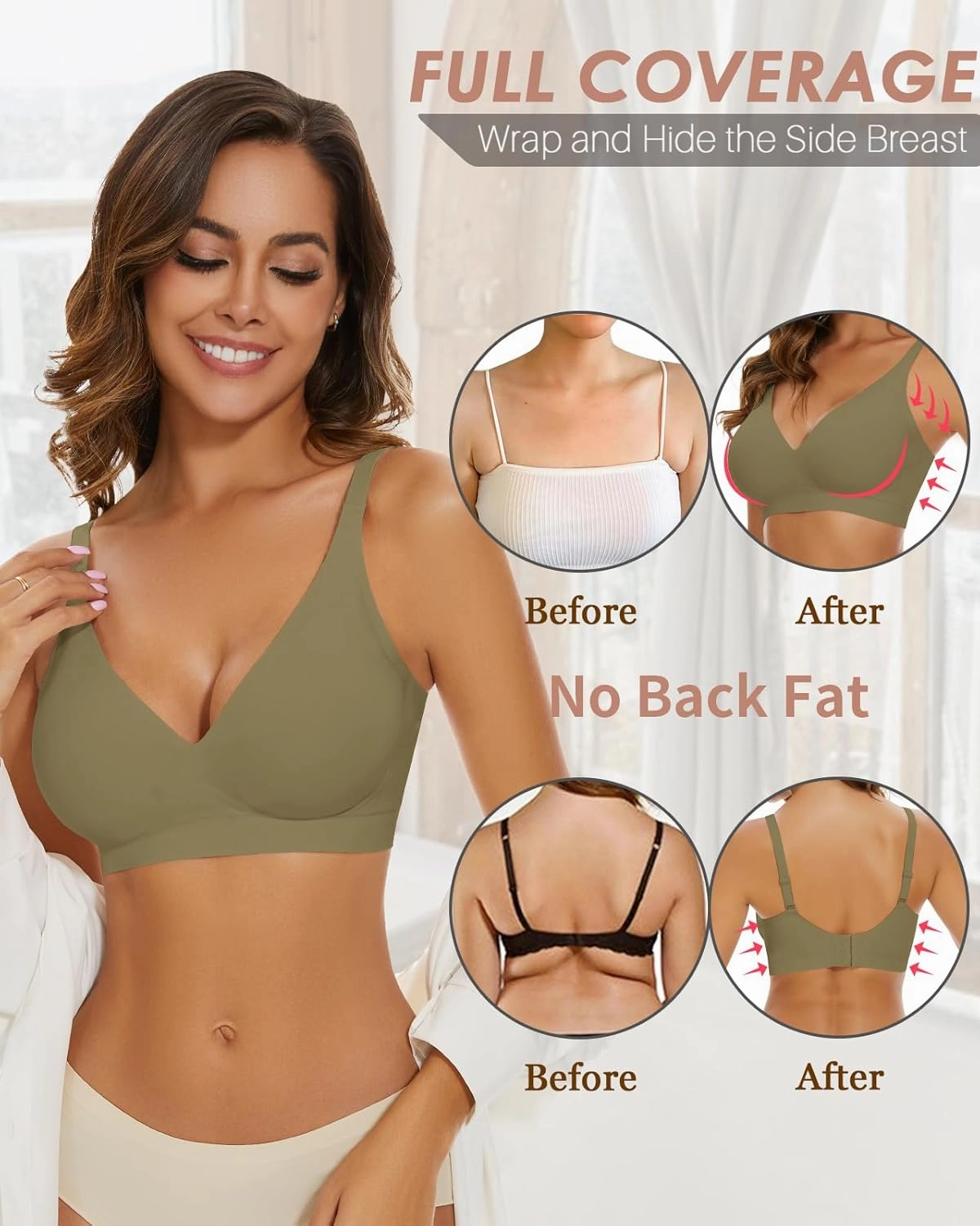WOWENY Deep V Bras for Women No Underwire Smooth Wireless Bralettes Comfort Seamless Plunge Bra with Support