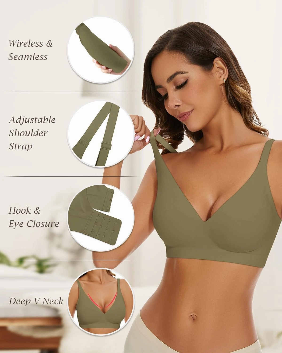 WOWENY Deep V Bras for Women No Underwire Smooth Wireless Bralettes Comfort Seamless Plunge Bra with Support