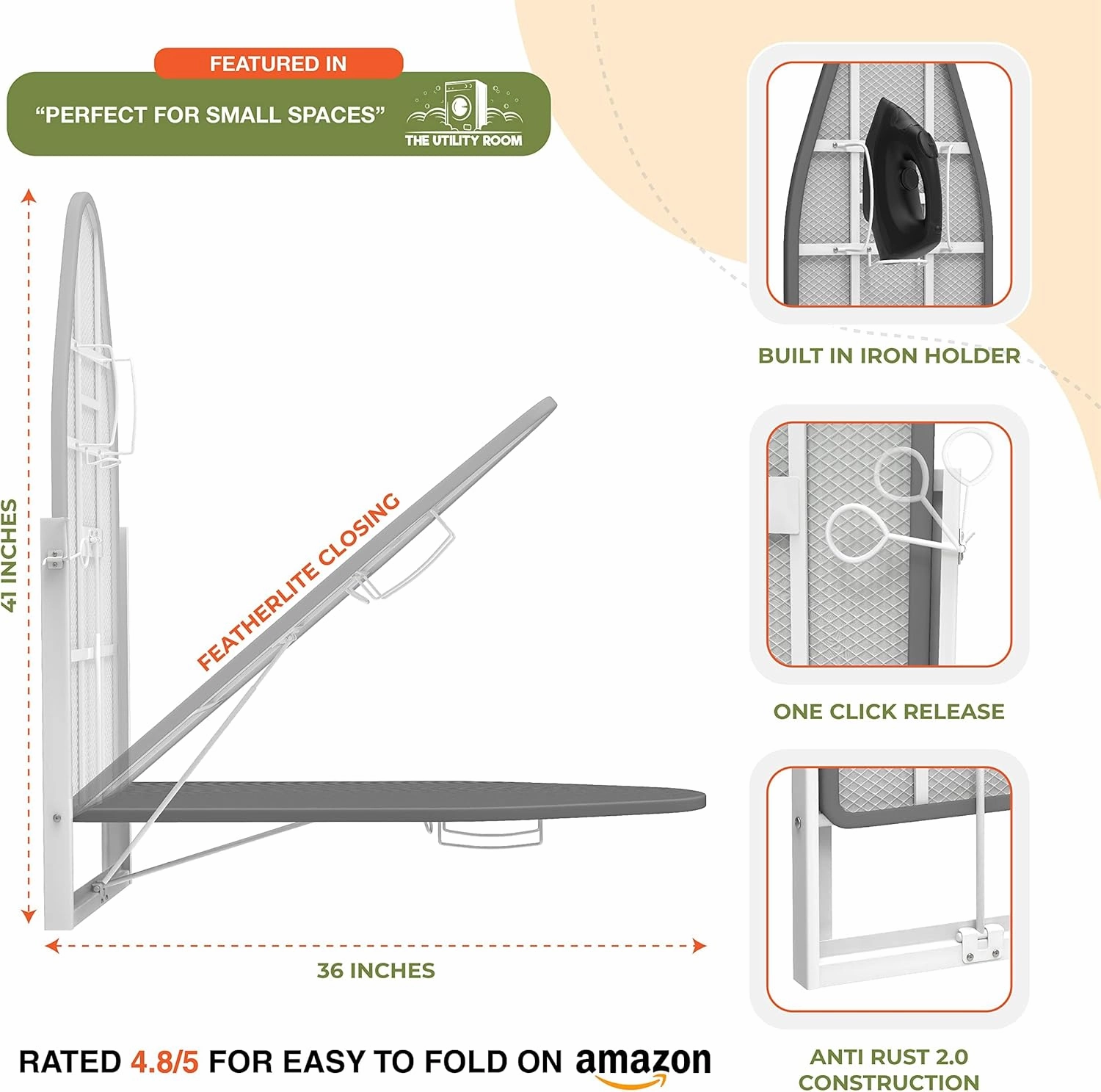 Xabitat Wall Mounted Ironing Board with Iron Holder, 36.2" X 12.2" Compact Mount Fold Down Ironing Board for Small Spaces, Space Saving with Cotton Fabric Cover, Black and Grey