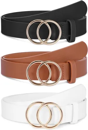 XZQTIVE 3 Pack Women's Leather Belts For Jeans Dresses Pants Fashion Ladies Waist Belt with Gold Buckle