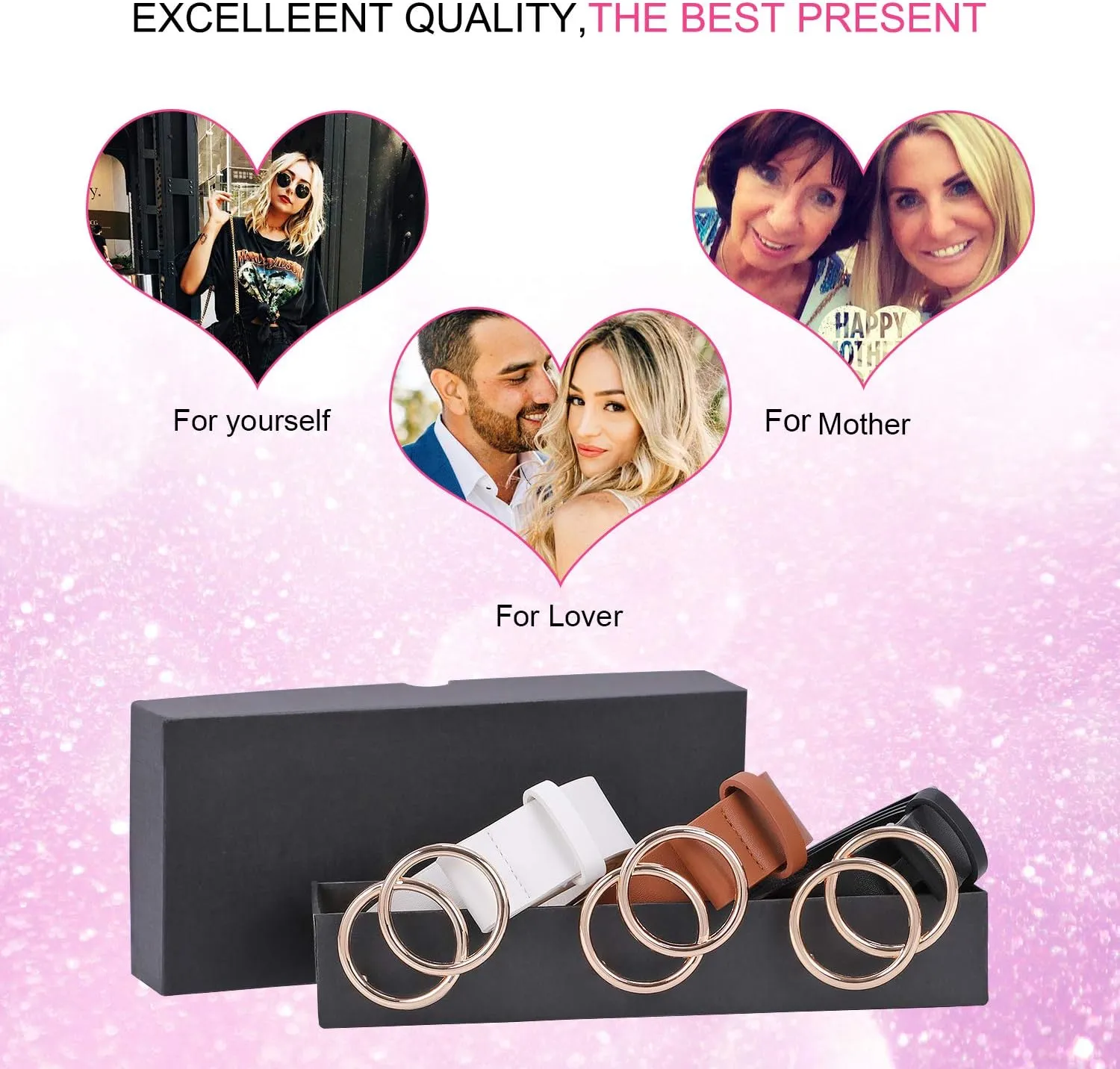 XZQTIVE 3 Pack Women's Leather Belts For Jeans Dresses Pants Fashion Ladies Waist Belt with Gold Buckle