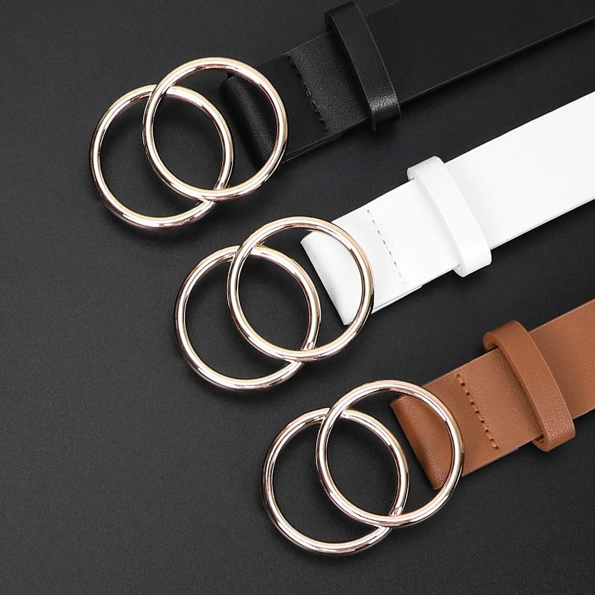 XZQTIVE 3 Pack Women's Leather Belts For Jeans Dresses Pants Fashion Ladies Waist Belt with Gold Buckle
