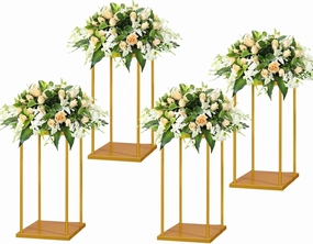 YALLOVE Gold Flower Stand Set of 4, 15.75 Inch Tall Metal Square Centerpieces for Wedding Reception Table Decoration, Plant Display Rack at Home, Geometric Flower Holder with Top and Bottom Plate