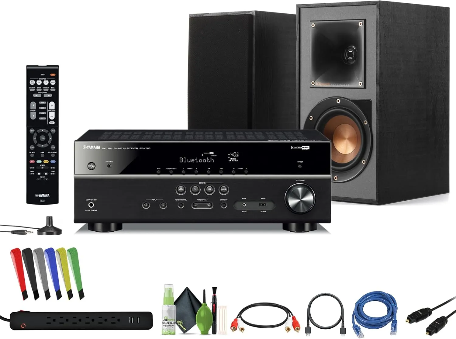 Yamaha RX-V385 5.1-Channel Surround Sound 4K Ultra HD AV Receiver with Bluetooth Home Theater System Bundle with Klipsch R-41PM Powered Bookshelf Speaker Black