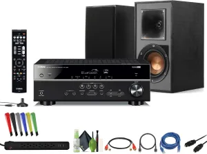Yamaha RX-V385 5.1-Channel Surround Sound 4K Ultra HD AV Receiver with Bluetooth Home Theater System Bundle with Klipsch R-41PM Powered Bookshelf Speaker Black