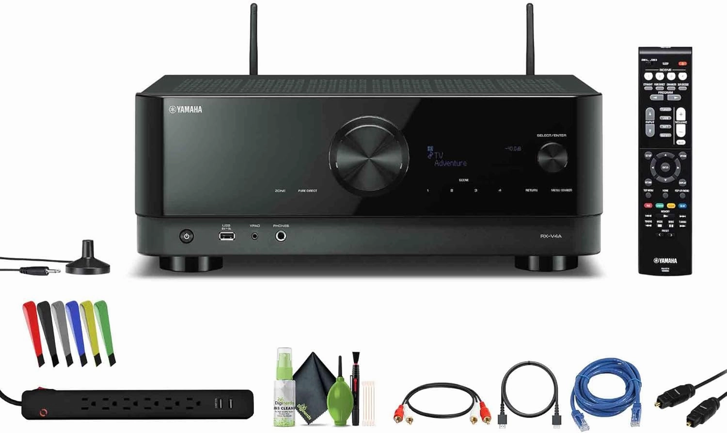 Yamaha RX-V4A 5.2-Channel Surround Sound Network AV Receiver with MusicCast Built-in Wi-Fi and Bluetooth Streaming Home Theater System Bundle with Accessories