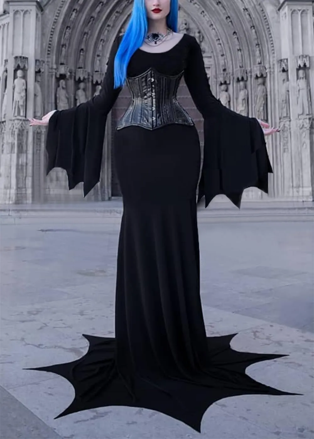YEAXLUD Vampire Womens Halloween Costumes Long Wide Sleeves Morticia Addams Costume Wrap Gothic Witch Dress Witchy Dress