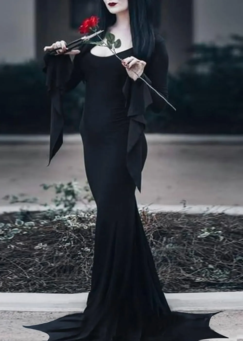 YEAXLUD Vampire Womens Halloween Costumes Long Wide Sleeves Morticia Addams Costume Wrap Gothic Witch Dress Witchy Dress