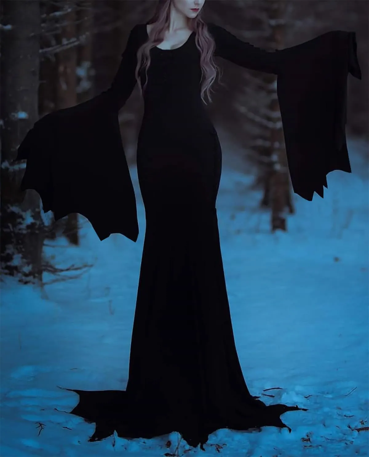 YEAXLUD Vampire Womens Halloween Costumes Long Wide Sleeves Morticia Addams Costume Wrap Gothic Witch Dress Witchy Dress