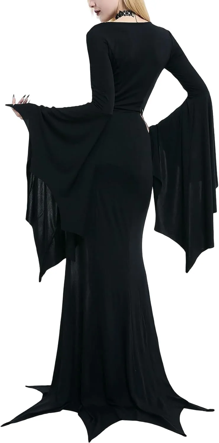 YEAXLUD Vampire Womens Halloween Costumes Long Wide Sleeves Morticia Addams Costume Wrap Gothic Witch Dress Witchy Dress