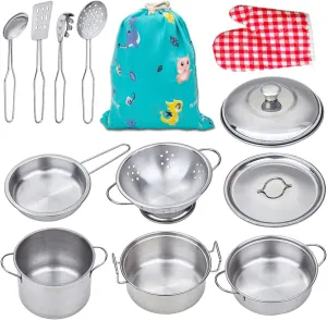 Yellora Play Pots and Pans Sets for Kids, Stainless Steel Cookware Toys Gift Set for Christmas, Pretend Play Kitchen Accessories, Role Play Educational Toys for Kids Toddlers Boys Girls