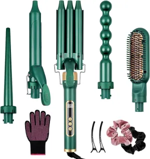 Yinhua Curling Iron Set, 5 in 1 Curling Wand with 4 Interchangeable Ceramic Barrels and 1 Straight Hair Brush, 30S Instant Heat Up, LCD Temp Adjustment, Dual Voltage, Includes Heat Resistant Gloves