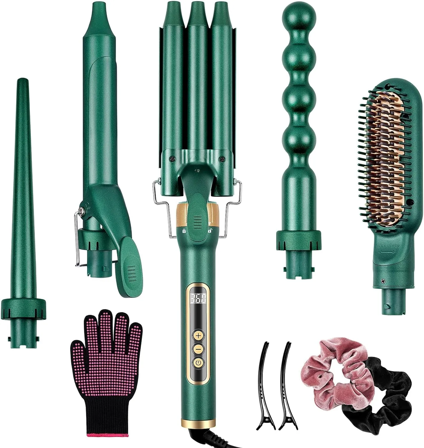 Yinhua Curling Iron Set, 5 in 1 Curling Wand with 4 Interchangeable Ceramic Barrels and 1 Straight Hair Brush, 30S Instant Heat Up, LCD Temp Adjustment, Dual Voltage, Includes Heat Resistant Gloves