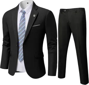 YND Men's Slim Fit 2 Piece Suit, One Button Solid Jacket Pants Set with Tie