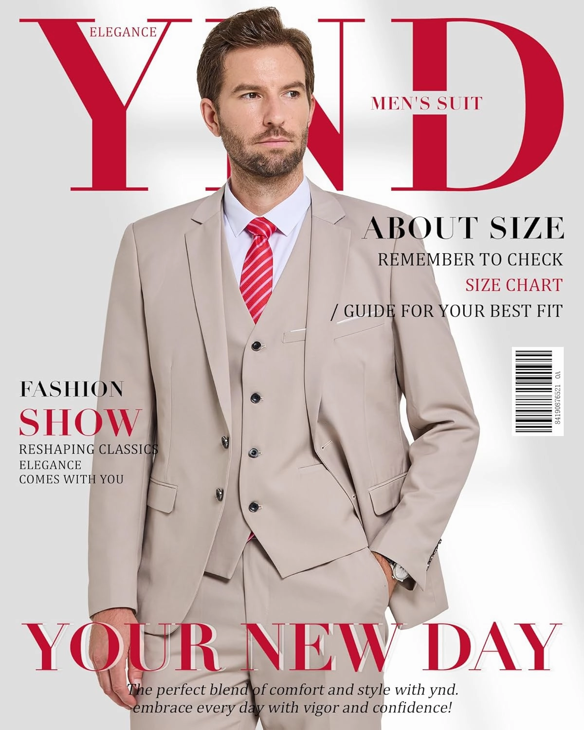 YND Men's Slim Fit 2 Button 3 Piece Suit Set, Solid Blazer Jacket Vest Pants & Tie