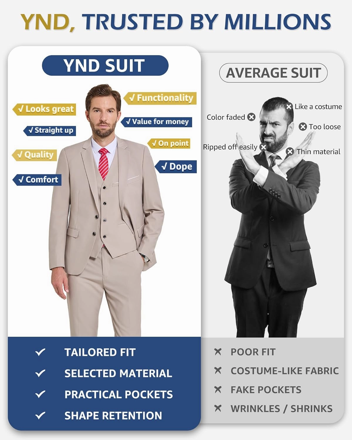 YND Men's Slim Fit 2 Button 3 Piece Suit Set, Solid Blazer Jacket Vest Pants & Tie