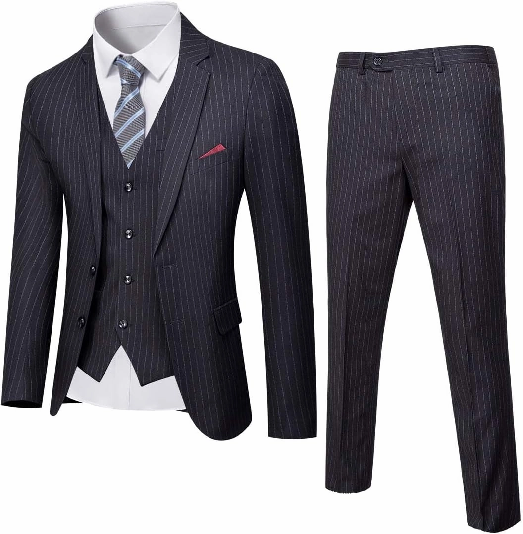 YND Men's Slim Fit 2 Button 3 Piece Suit Set, Solid Blazer Jacket Vest Pants & Tie