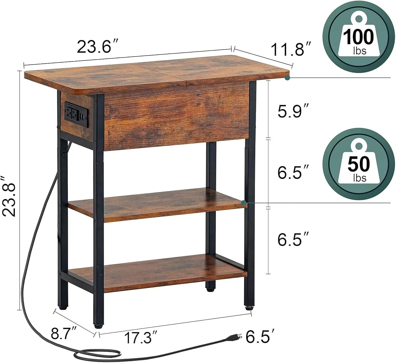 Yoobure End Table with Charging Station, Flip Top Side Table with USB Ports and Outlets, Sofa Couch Table Bedside Table for Living Room Bedroom, Narrow Nightstand with Storage Shelves for Small Space