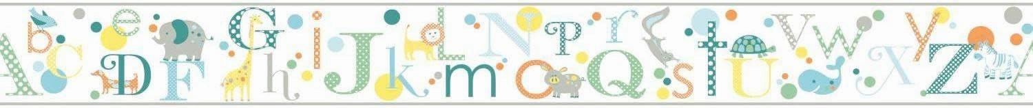 York Wallcoverings Growing Up Kids Alphabet Removable Wallpaper Border, White, Yellow, Aqua, Green, Teal, Orange