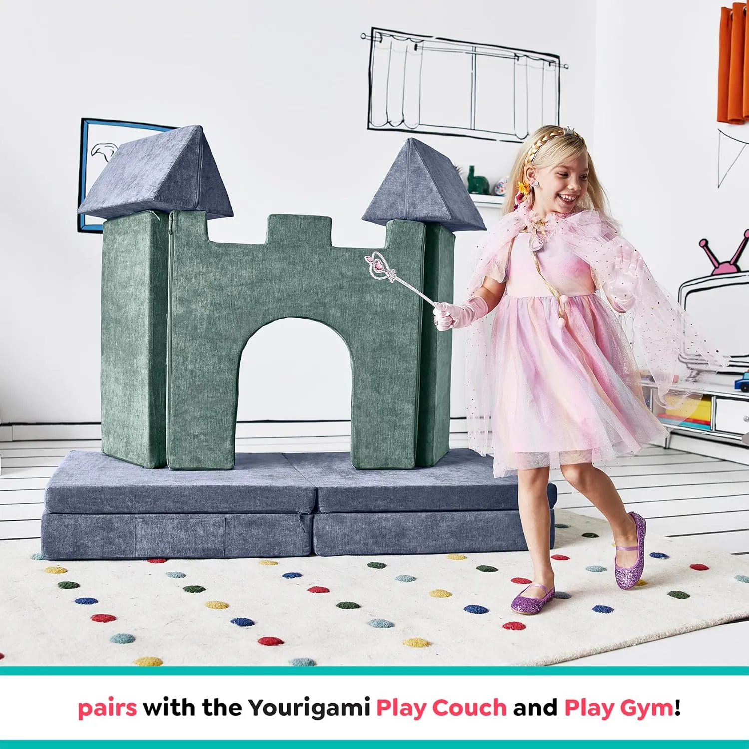 Yourigami Kids and Toddler Play Castle, Playroom Couch Add-On Set, Durable Modular Design, Green Meadows