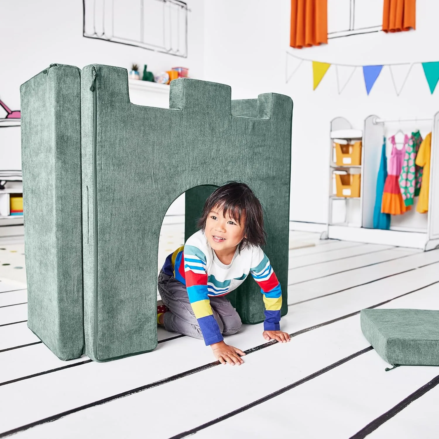 Yourigami Kids and Toddler Play Castle, Playroom Couch Add-On Set, Durable Modular Design, Green Meadows