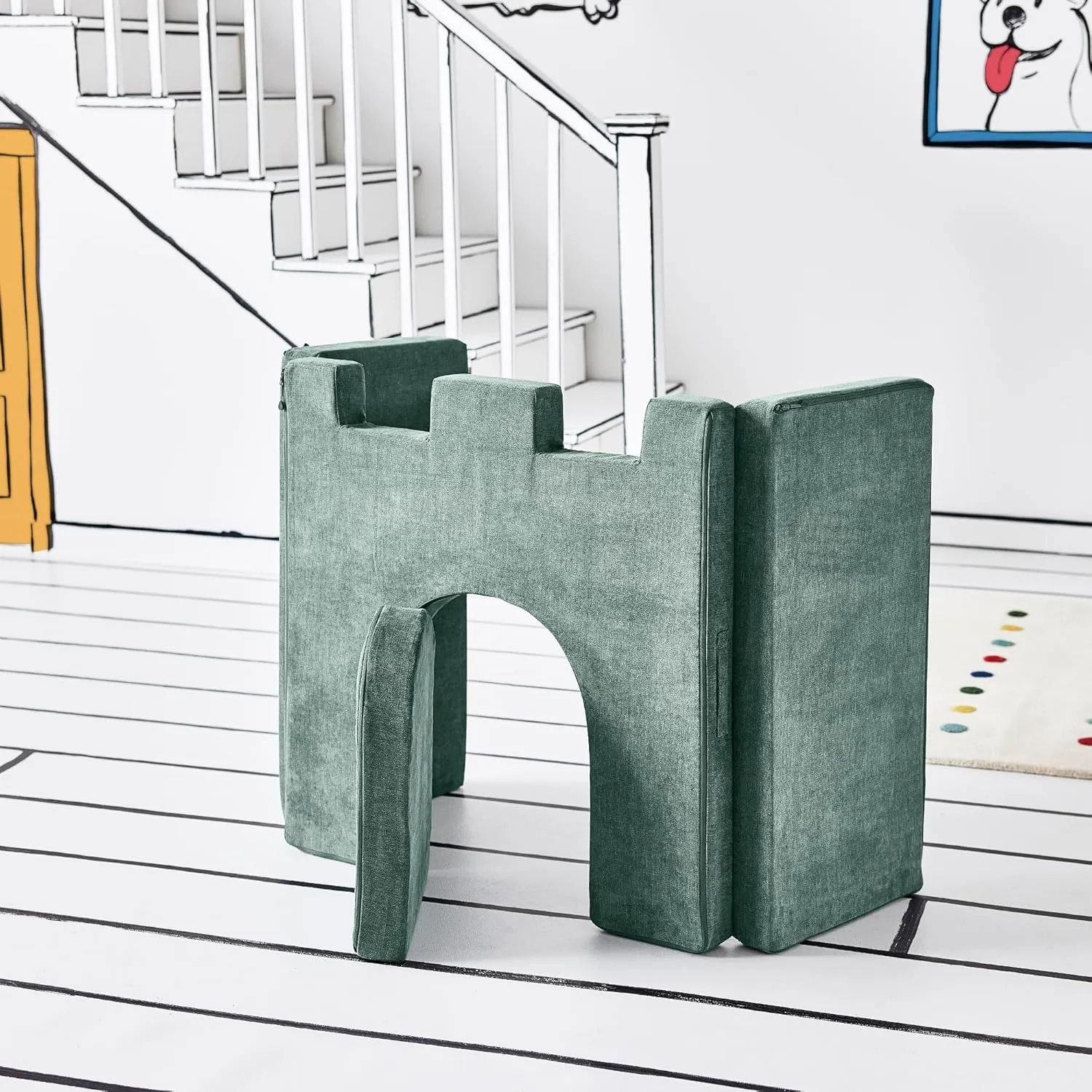 Yourigami Kids and Toddler Play Castle, Playroom Couch Add-On Set, Durable Modular Design, Green Meadows