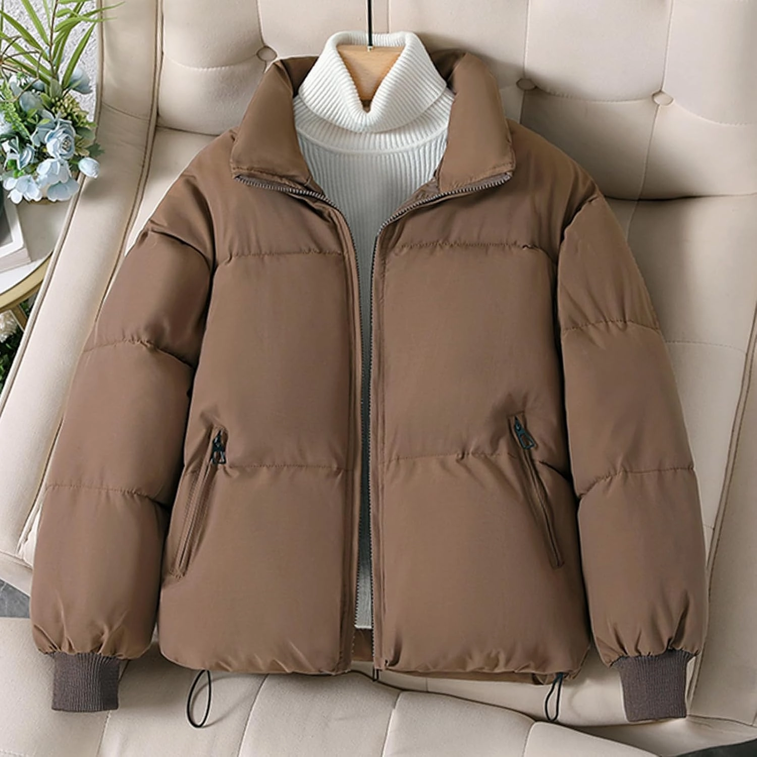 YRAETENM Winter Coats for Women Lightweight Warm Zip up Padded Coats Plus Size Stand Collar down Jackets Outwear with Pockets