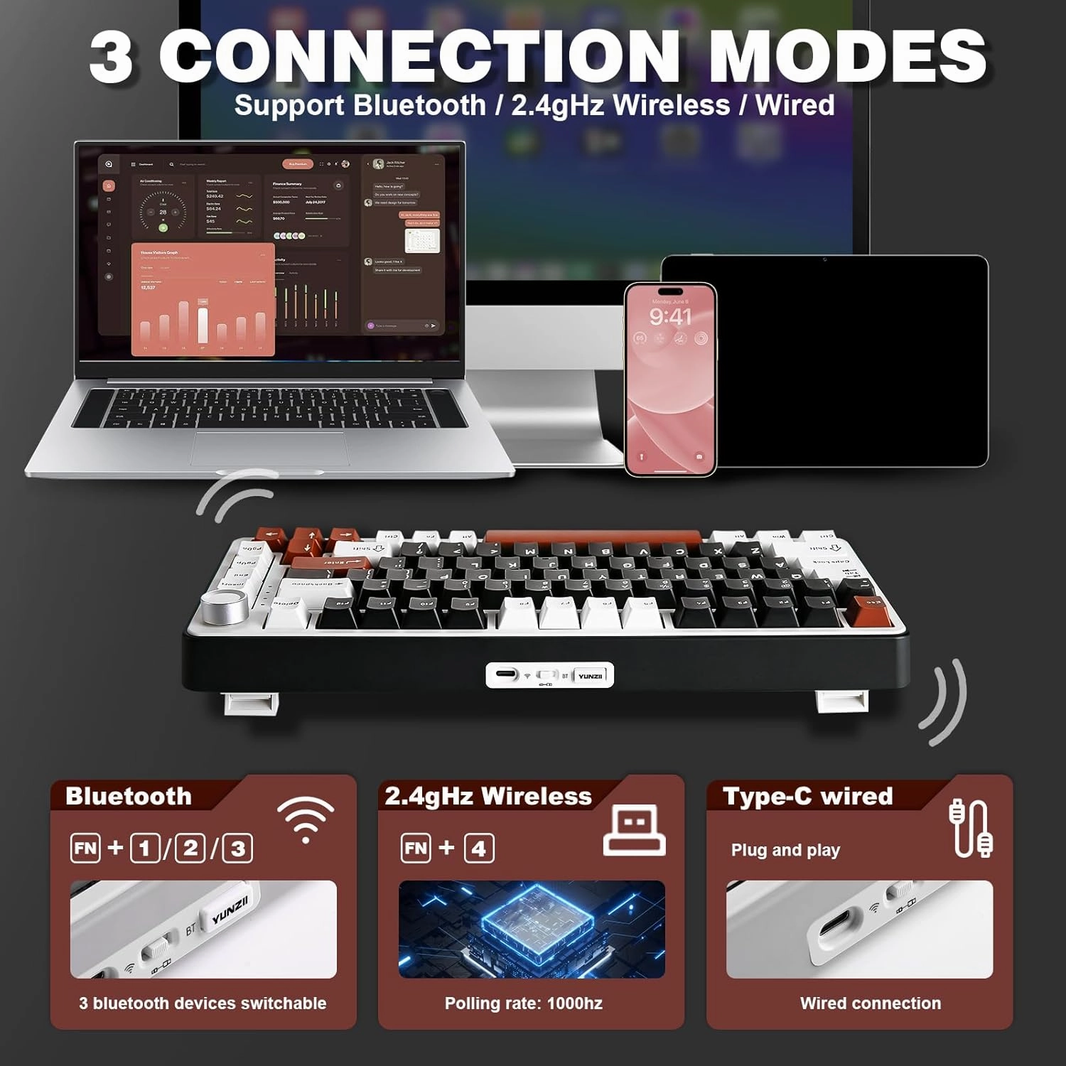 YUNZII B75 PRO Wireless Mechanical Keyboard,75% Layout with Knob,Hot Swap Gasket Custom Structure,Creamy Pre-lubed Switches,RGB Backlit,Bluetooth/Type-C/2.4G for Win/Mac(Milk Switch,Black)