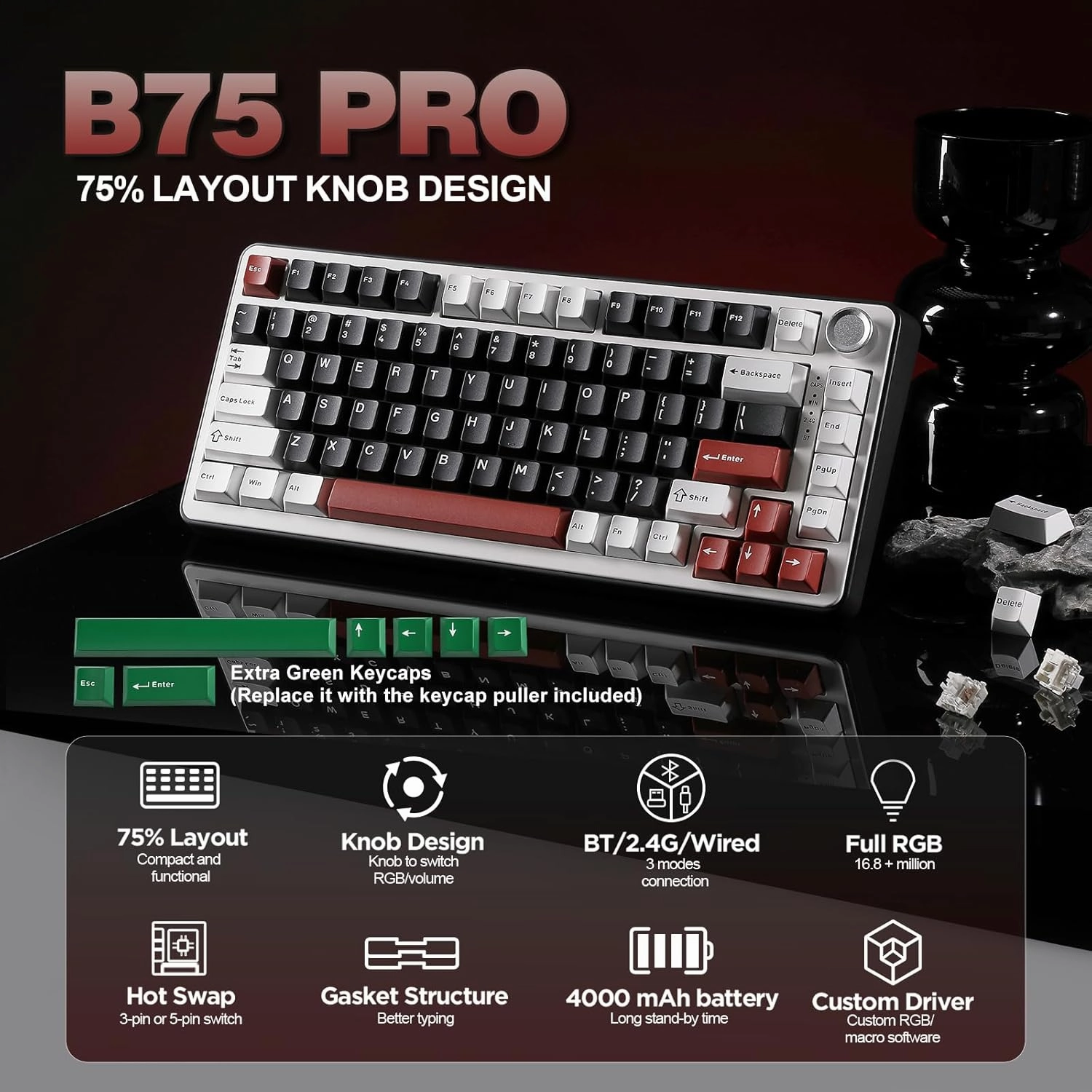 YUNZII B75 PRO Wireless Mechanical Keyboard,75% Layout with Knob,Hot Swap Gasket Custom Structure,Creamy Pre-lubed Switches,RGB Backlit,Bluetooth/Type-C/2.4G for Win/Mac(Milk Switch,Black)