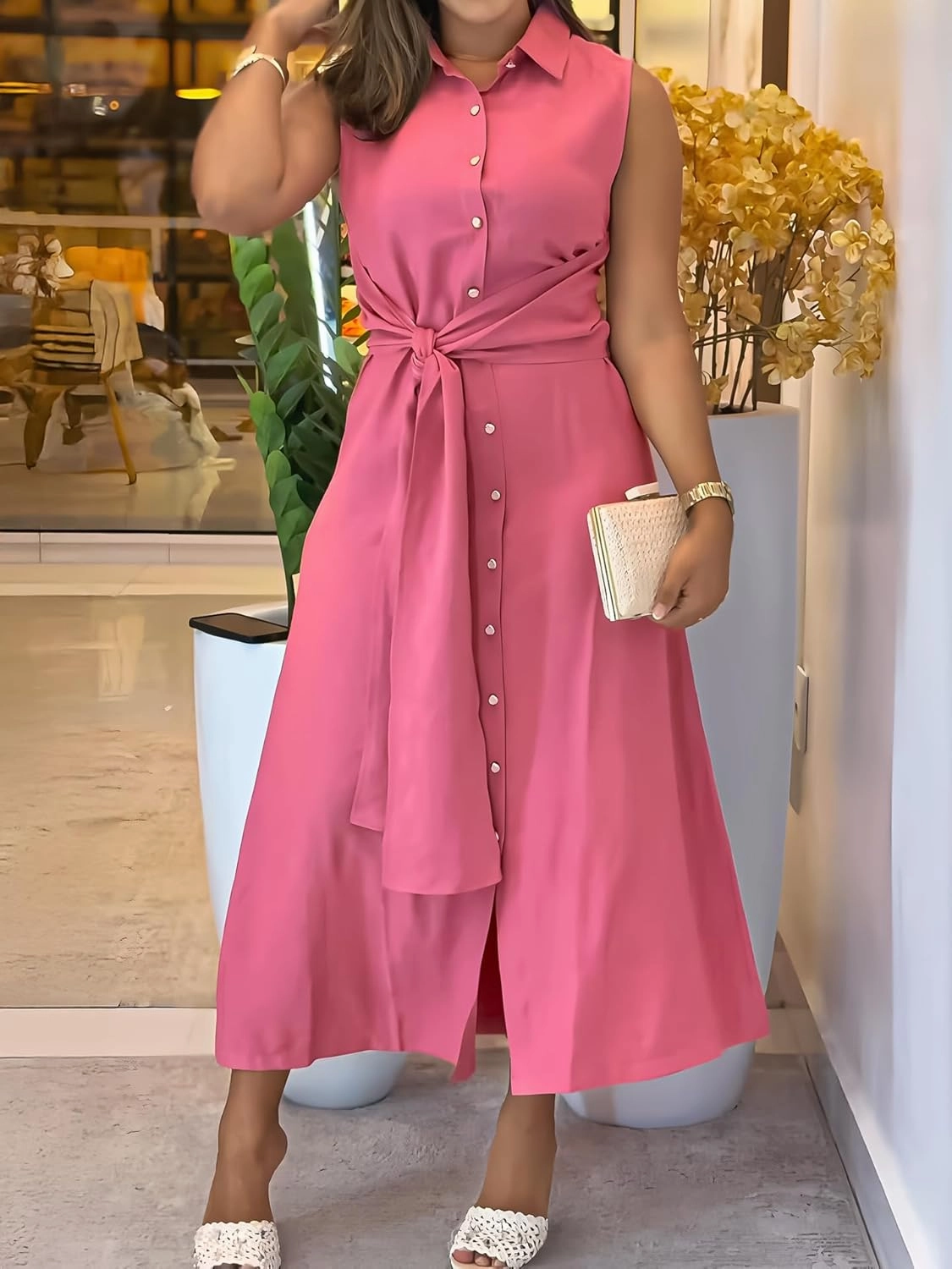 Yuopeid Women's Summer Vacation Dress Solid Color Ruched Lapel Neck Sleeveless Button Maxi Dress