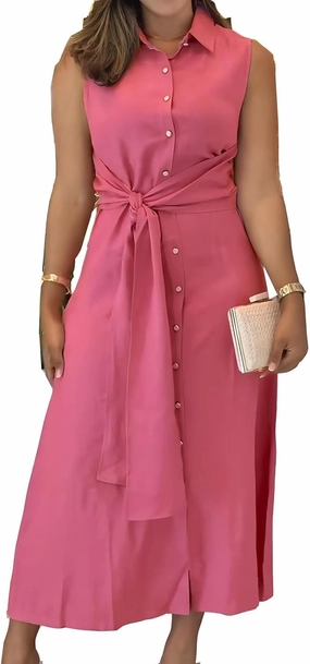 Yuopeid Women's Summer Vacation Dress Solid Color Ruched Lapel Neck Sleeveless Button Maxi Dress