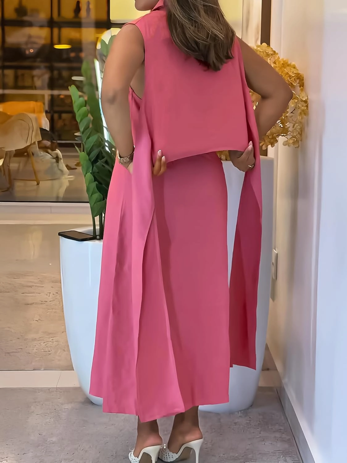 Yuopeid Women's Summer Vacation Dress Solid Color Ruched Lapel Neck Sleeveless Button Maxi Dress
