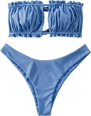 ZAFUL Women 2 Piece Strapless Bikini Swimsuits Ruffle Ribbed Self Tie Bandeau Bikini Set High Cut String Bathing Suits
