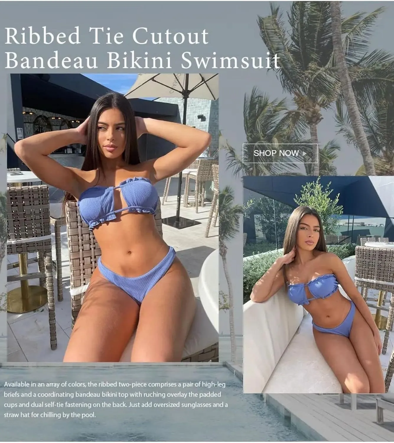 ZAFUL Women 2 Piece Strapless Bikini Swimsuits Ruffle Ribbed Self Tie Bandeau Bikini Set High Cut String Bathing Suits