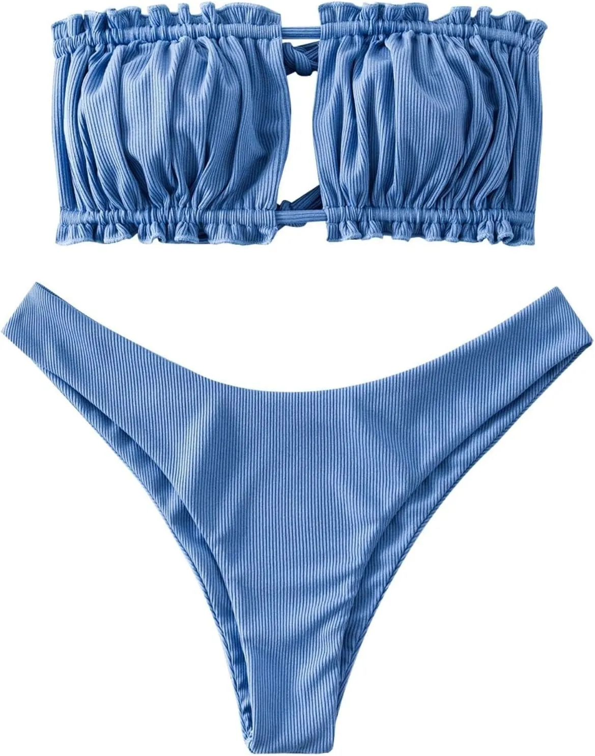 ZAFUL Women 2 Piece Strapless Bikini Swimsuits Ruffle Ribbed Self Tie Bandeau Bikini Set High Cut String Bathing Suits