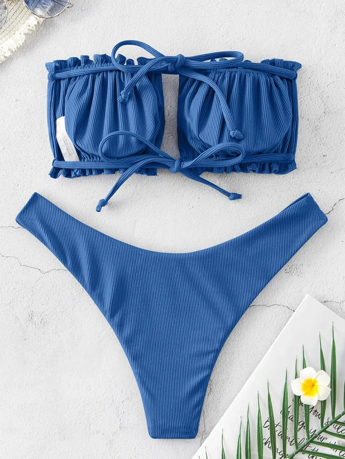 ZAFUL Women 2 Piece Strapless Bikini Swimsuits Ruffle Ribbed Self Tie Bandeau Bikini Set High Cut String Bathing Suits