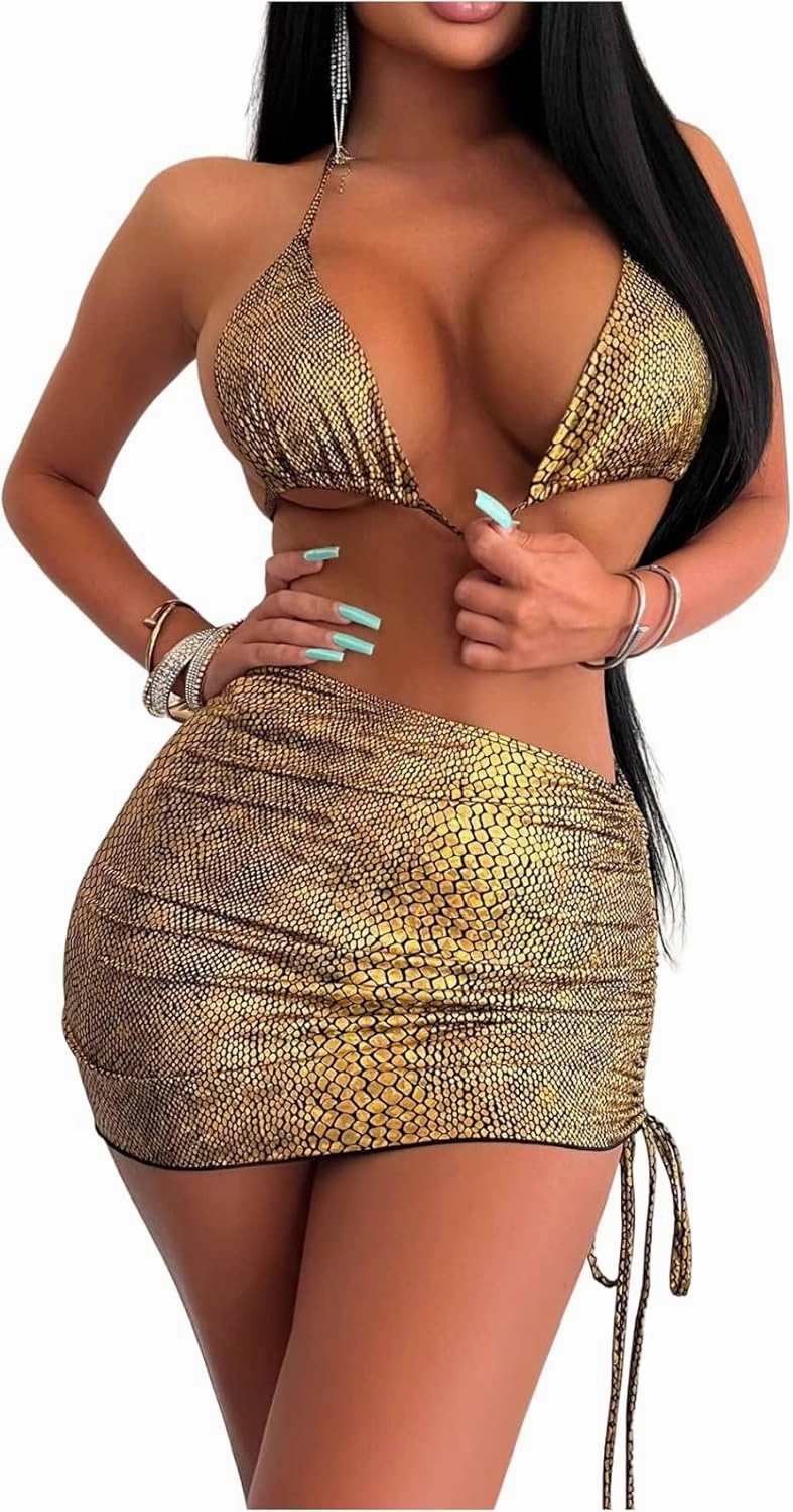 ZGMYC Women's 3 Piece Holographic Snakeskin Print Triangle Bikini Swimsuit with Sexy Cutout Cross String Cover Up Mini Skirt