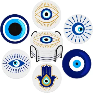 Zubebe Set of 6 Ceramic Evil Eye Coasters with Holder Evil Eye Blue Coasters for Drinks Round Absorbent Cup Mat with Cork Base for Home Table Decor Desk Kitchen Accessories, 4 Inch